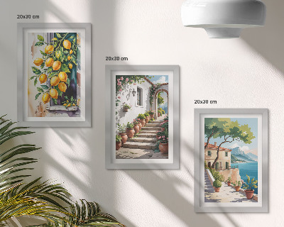 Trittico incorniciato Limoni sullo sfondo di fiori e panorami marini.
