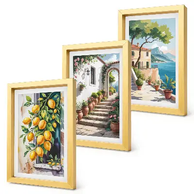 Trittico incorniciato con limoni su sfondo di fiori e panorami marini