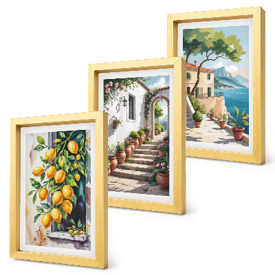 Trittico incorniciato Limoni sullo sfondo di fiori e panorami marini.