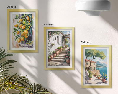 Trittico incorniciato Limoni sullo sfondo di fiori e panorami marini.
