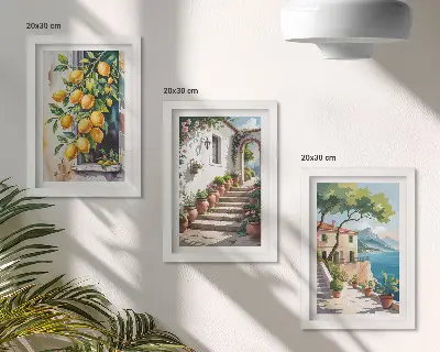 Trittico incorniciato con limoni su sfondo di fiori e panorami marini