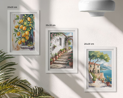 Trittico incorniciato Limoni sullo sfondo di fiori e panorami marini.