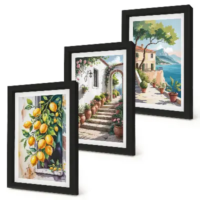 Trittico incorniciato con limoni su sfondo di fiori e panorami marini