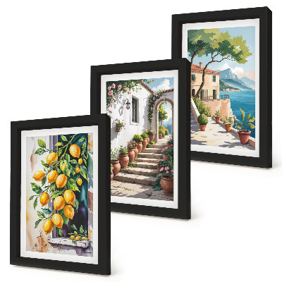 Trittico incorniciato Limoni sullo sfondo di fiori e panorami marini.