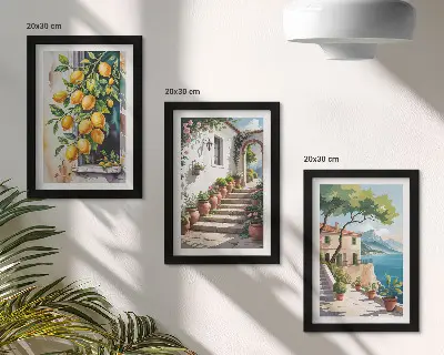 Trittico incorniciato con limoni su sfondo di fiori e panorami marini