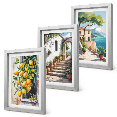 Trittico incorniciato Limoni sullo sfondo di fiori e panorami marini.
