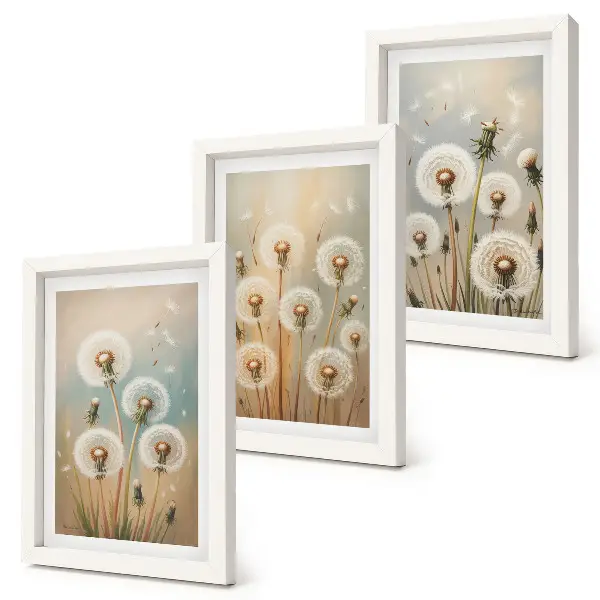 Trittico incorniciato fiori di tarassaco su sfondo dai colori pastello