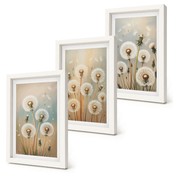 Trittico incorniciato Fiori di tarassaco su uno sfondo di colori pastello