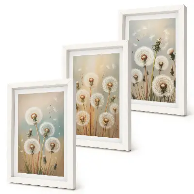 Trittico incorniciato fiori di tarassaco su sfondo dai colori pastello