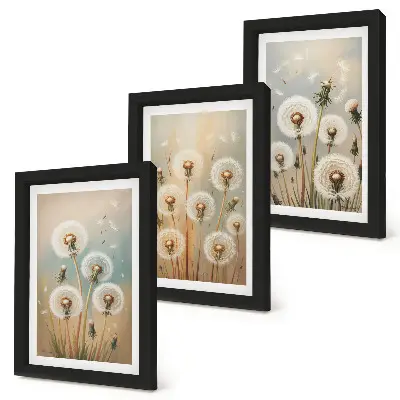 Trittico incorniciato fiori di tarassaco su sfondo dai colori pastello