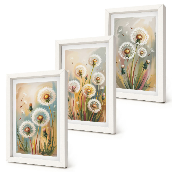 Composizione di 3 quadri Fiori di tarassaco su uno sfondo di erbe dai colori pastello