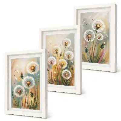 Composizione di 3 quadri con fiori di tarassaco su sfondo di erbe dai colori pastello