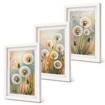 Composizione di 3 quadri Fiori di tarassaco su uno sfondo di erbe dai colori pastello