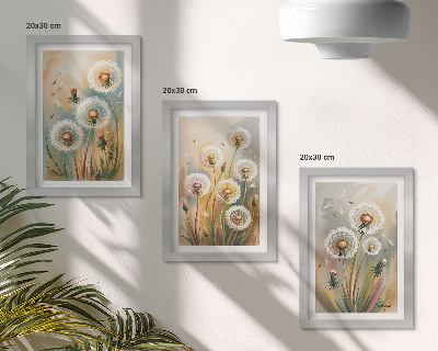 Composizione di 3 quadri Fiori di tarassaco su uno sfondo di erbe dai colori pastello