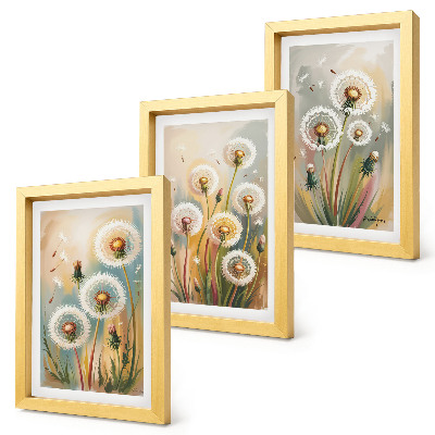 Composizione di 3 quadri Fiori di tarassaco su uno sfondo di erbe dai colori pastello