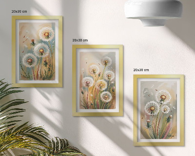 Composizione di 3 quadri Fiori di tarassaco su uno sfondo di erbe dai colori pastello