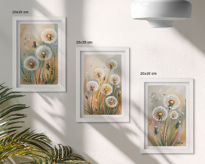 Composizione di 3 quadri Fiori di tarassaco su uno sfondo di erbe dai colori pastello