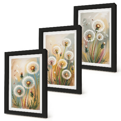 Composizione di 3 quadri Fiori di tarassaco su uno sfondo di erbe dai colori pastello
