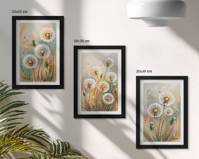 Composizione di 3 quadri Fiori di tarassaco su uno sfondo di erbe dai colori pastello