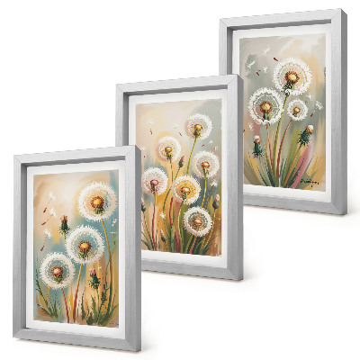 Composizione di 3 quadri Fiori di tarassaco su uno sfondo di erbe dai colori pastello