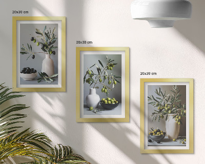 Trittico incorniciato Olive in vasi su uno sfondo di colori tenui