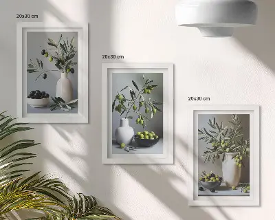 Trittico incorniciato olive in vasi su sfondo di colori tenui