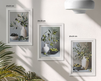 Trittico incorniciato Olive in vasi su uno sfondo di colori tenui