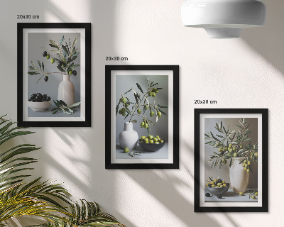 Trittico incorniciato Olive in vasi su uno sfondo di colori tenui