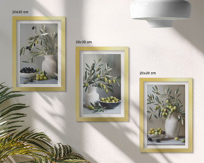 Composizione di 3 quadri Olive in vasi con rami su sfondo grigio