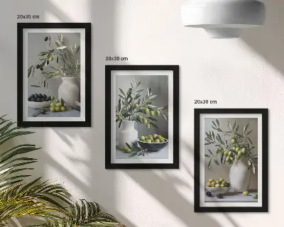 Composizione di 3 quadri con olive in vasi e rami su sfondo grigio
