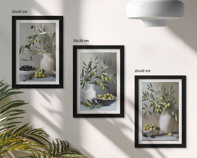 Composizione di 3 quadri Olive in vasi con rami su sfondo grigio