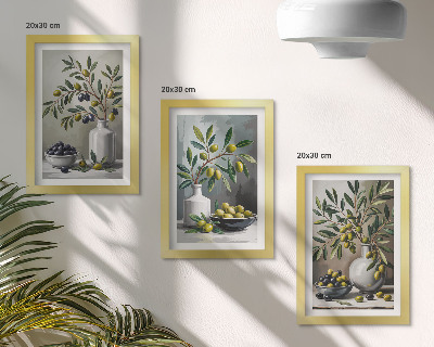 Trittico incorniciato Olive in piatti di ceramica su sfondo grigio