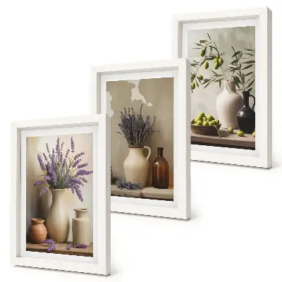 Composizione di 3 quadri con fiori in vaso, olive e decorazioni naturali