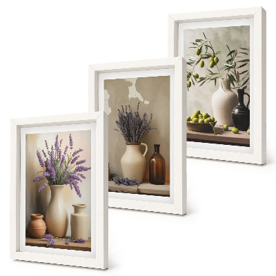 Composizione di 3 quadri Fiori in vaso, olive e decorazioni naturali