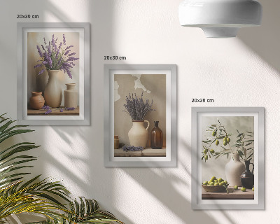 Composizione di 3 quadri Fiori in vaso, olive e decorazioni naturali