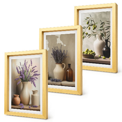 Composizione di 3 quadri Fiori in vaso, olive e decorazioni naturali