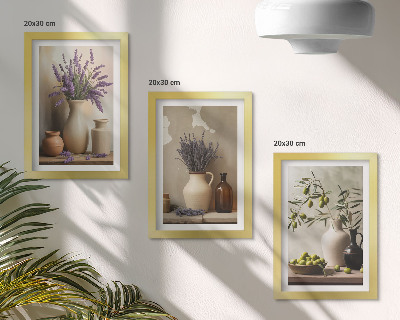 Composizione di 3 quadri Fiori in vaso, olive e decorazioni naturali