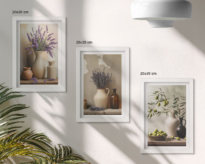Composizione di 3 quadri Fiori in vaso, olive e decorazioni naturali
