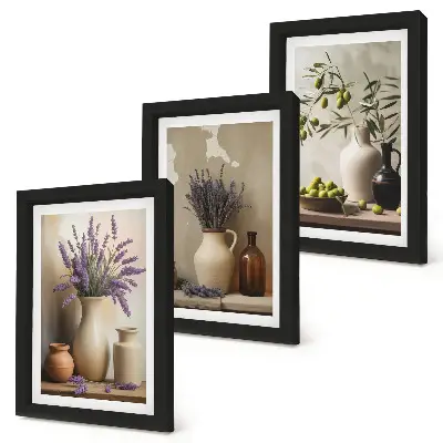 Composizione di 3 quadri con fiori in vaso, olive e decorazioni naturali