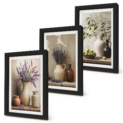 Composizione di 3 quadri Fiori in vaso, olive e decorazioni naturali
