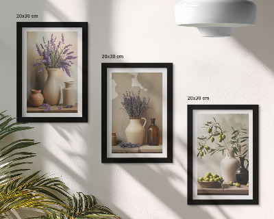 Composizione di 3 quadri Fiori in vaso, olive e decorazioni naturali