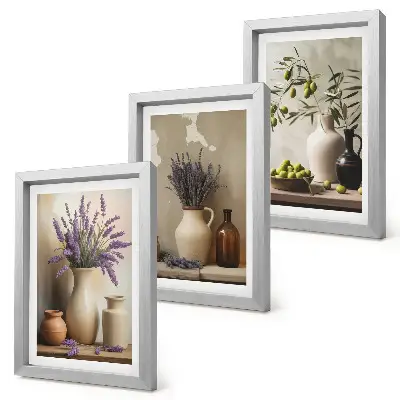 Composizione di 3 quadri con fiori in vaso, olive e decorazioni naturali
