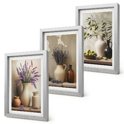 Composizione di 3 quadri Fiori in vaso, olive e decorazioni naturali