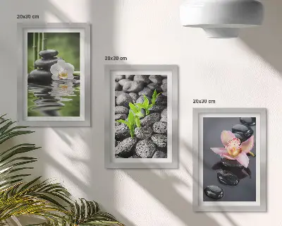 Trittico incorniciato composizione zen con pietre e fiori che galleggiano sull'acqua