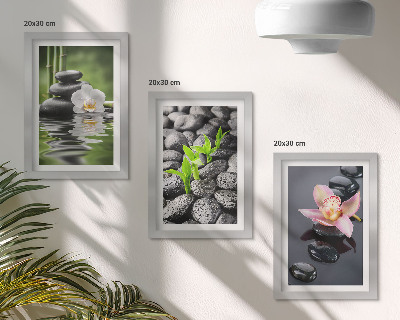 Trittico incorniciato Una pacifica composizione zen di pietre e fiori sull'acqua.