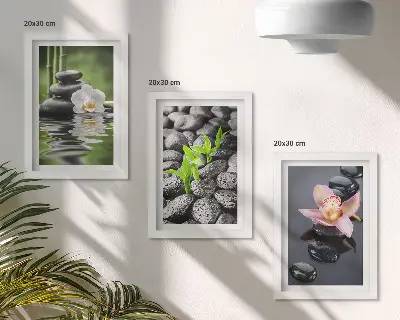 Trittico incorniciato composizione zen con pietre e fiori che galleggiano sull'acqua