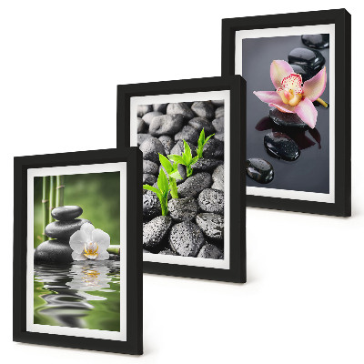 Trittico incorniciato Una pacifica composizione zen di pietre e fiori sull'acqua.