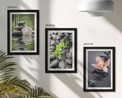 Trittico incorniciato composizione zen con pietre e fiori che galleggiano sull'acqua