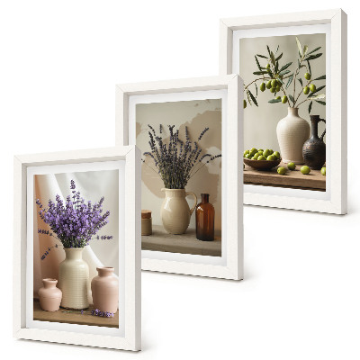 Composizione di 3 quadri Fiori di lavanda, olive e vasi di ceramica