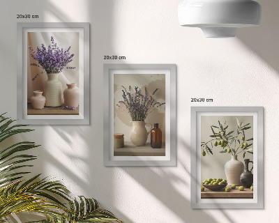 Composizione di 3 quadri Fiori di lavanda, olive e vasi di ceramica